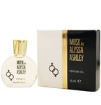 Clear glass bottle with a round shape, gold cap, and white label featuring "Musk by Alyssa Ashley," alongside a cream and black box packaging, 15 ml size.
