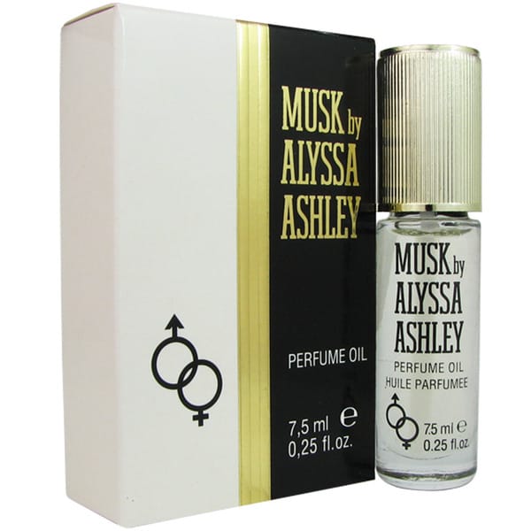 Clear glass bottle of Musk Oil Eau De Parfum Spray with a gold cap, alongside a white box featuring black and gold accents, displaying the product name and volume.