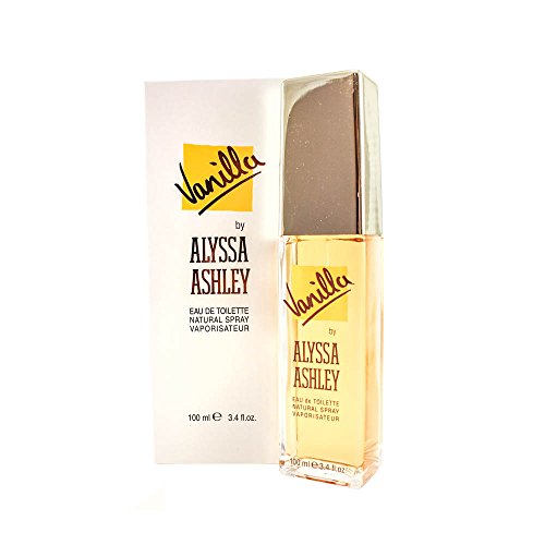 Clear glass bottle with a gold cap, containing light amber liquid, alongside a white box featuring the brand name "Alyssa Ashley" and "Vanilla" in bold yellow lettering.