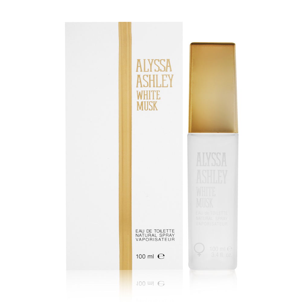 Clear glass spray bottle with a gold cap, featuring the text "Alyssa Ashley White Musk" in elegant font, alongside a white box with gold accents, both labeled 100 ml.