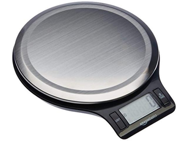 Digital kitchen scales featuring a sleek black base and stainless steel weighing surface, LCD display, and capable of weighing up to 11 pounds, BPA free, includes batteries.