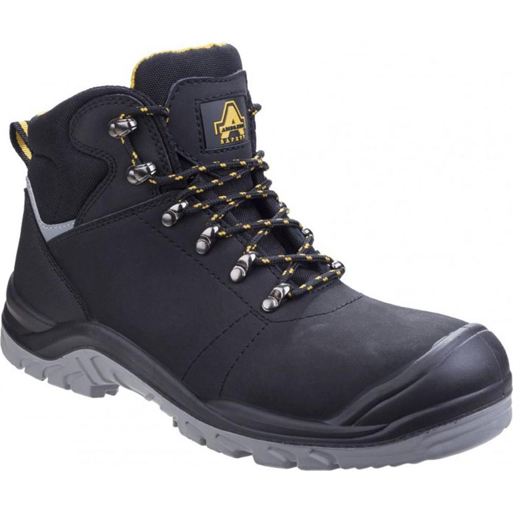 Lightweight black leather safety boots with water-resistant features, yellow and black laces, padded collar, and grey rubber sole, size 4.