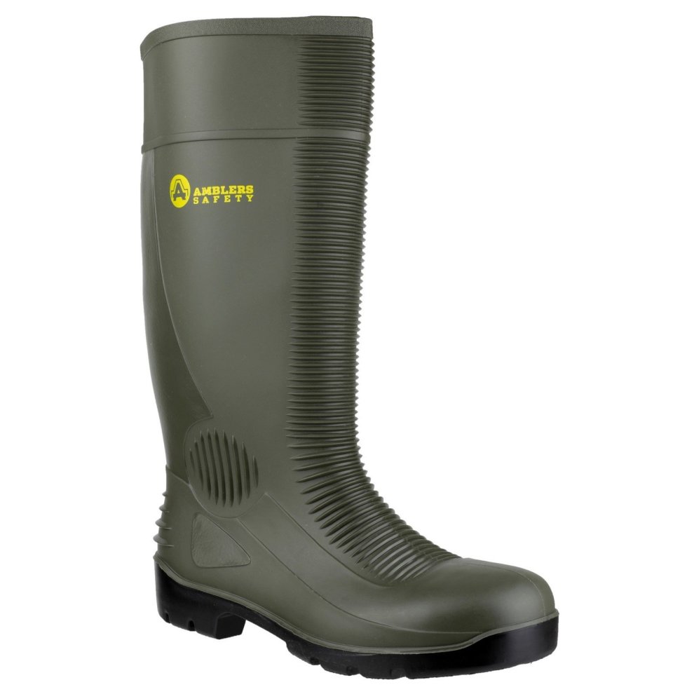Green safety Wellington boot with a textured upper, featuring a black rubber sole and Amblers Safety logo in yellow on the side, designed for durability and protection.