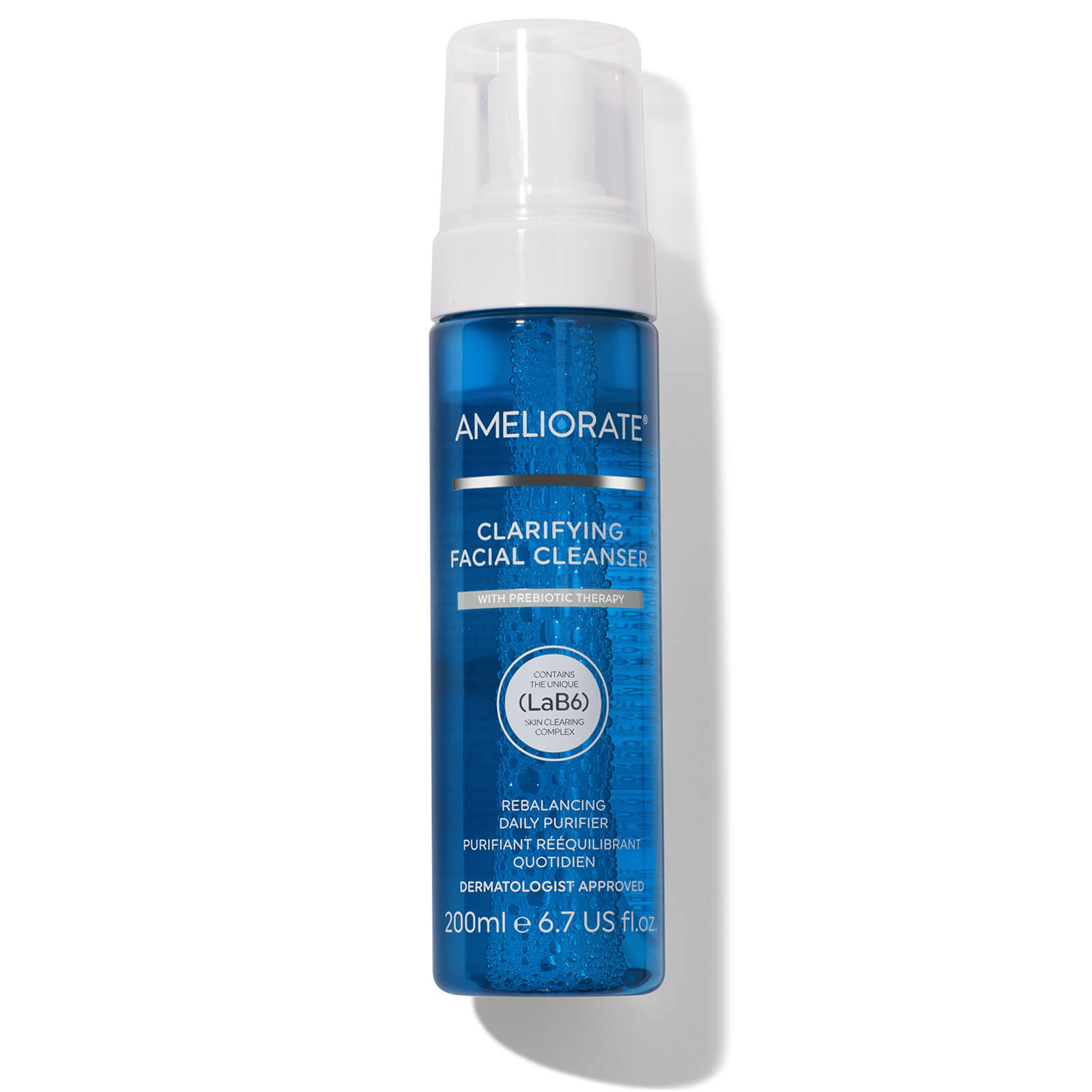Clear blue plastic bottle with a white pump dispenser, labeled "AMELIORATE Clarifying Facial Cleanser 200ml," featuring a dermatologist-approved logo and key product details.