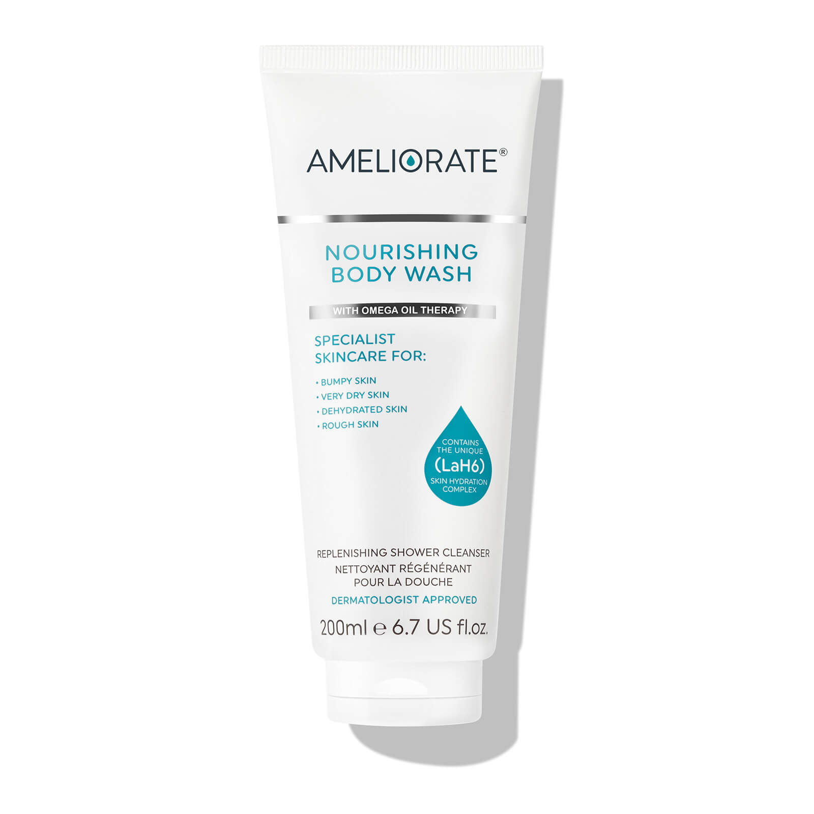 White tube with a flip-top cap, labeled "AMELIORATE Nourishing Body Wash 200ml," featuring blue accents and text, highlighting omega oil therapy and dermatologist approval.