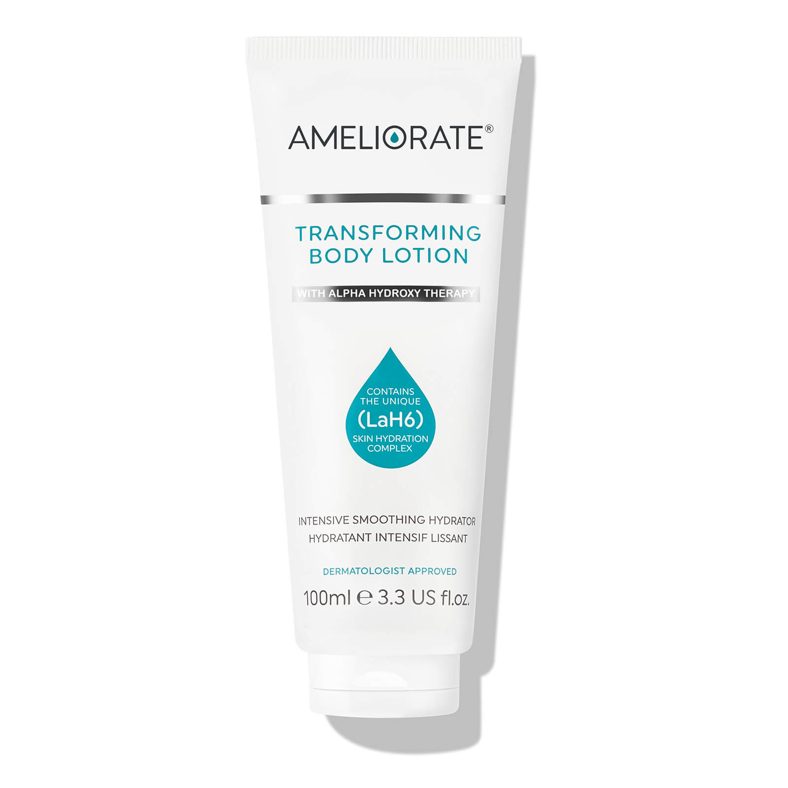 White tube with a flip-top cap, labeled "AMELIORATE Transforming Body Lotion" in blue and black text, featuring a green badge stating "contains the unique (LAH6) skin hydration complex."