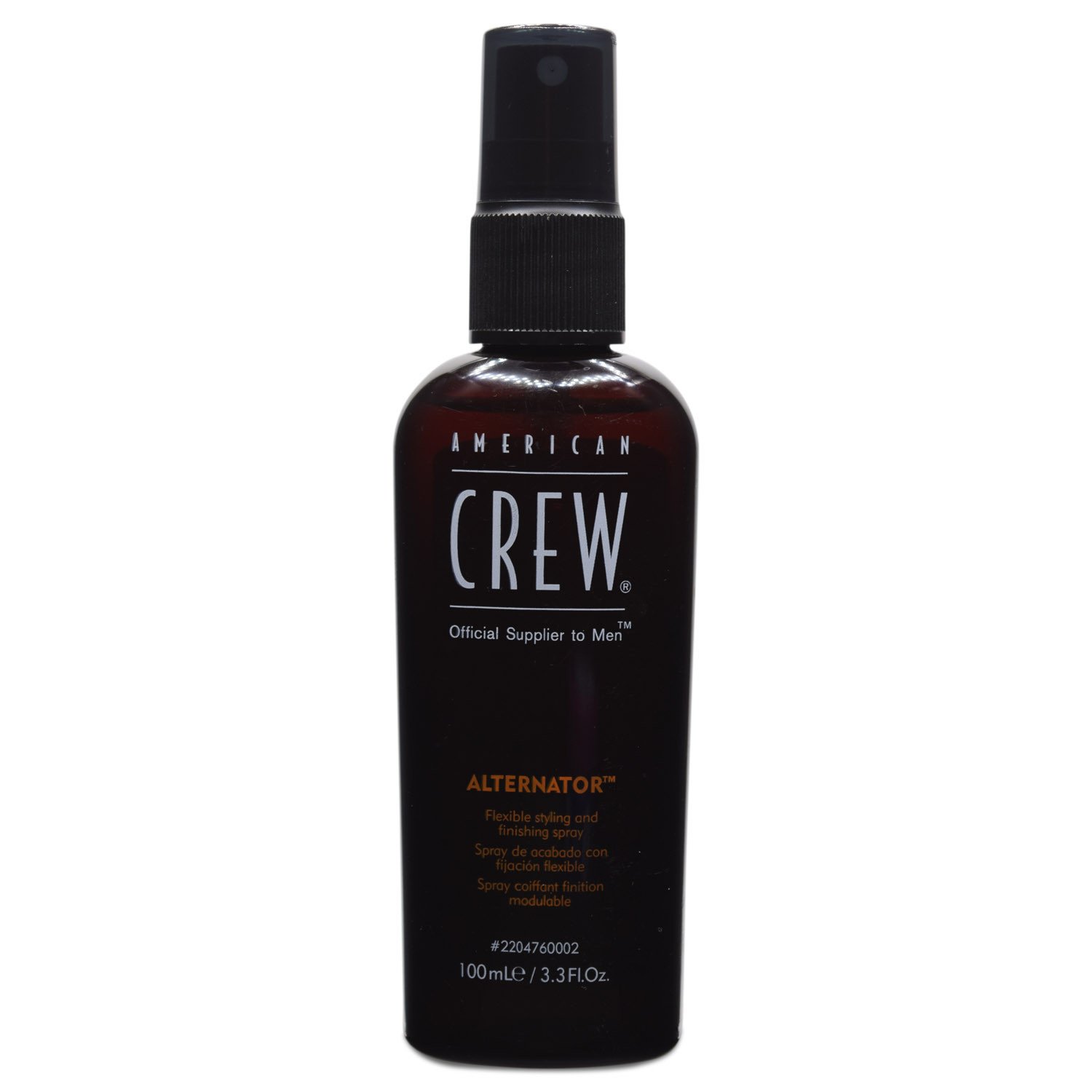 Dark amber spray bottle with a black pump nozzle, labeled "Alternator" by American Crew, 3.3 oz, featuring a sleek design and a matte finish.