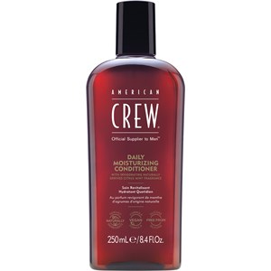 Red plastic bottle of American Crew Daily Hydrating Conditioner, 250ml, with a black cap and white text, featuring "Official Supplier to Men" and key moisturizing benefits.