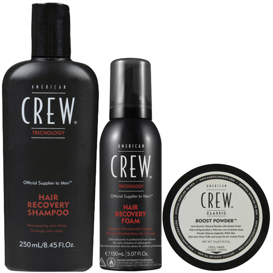 Black and silver canister of American Crew Technology Hair Recovery Foam, 5.07 oz, featuring a sleek design with bold text and a pump dispenser for easy application.