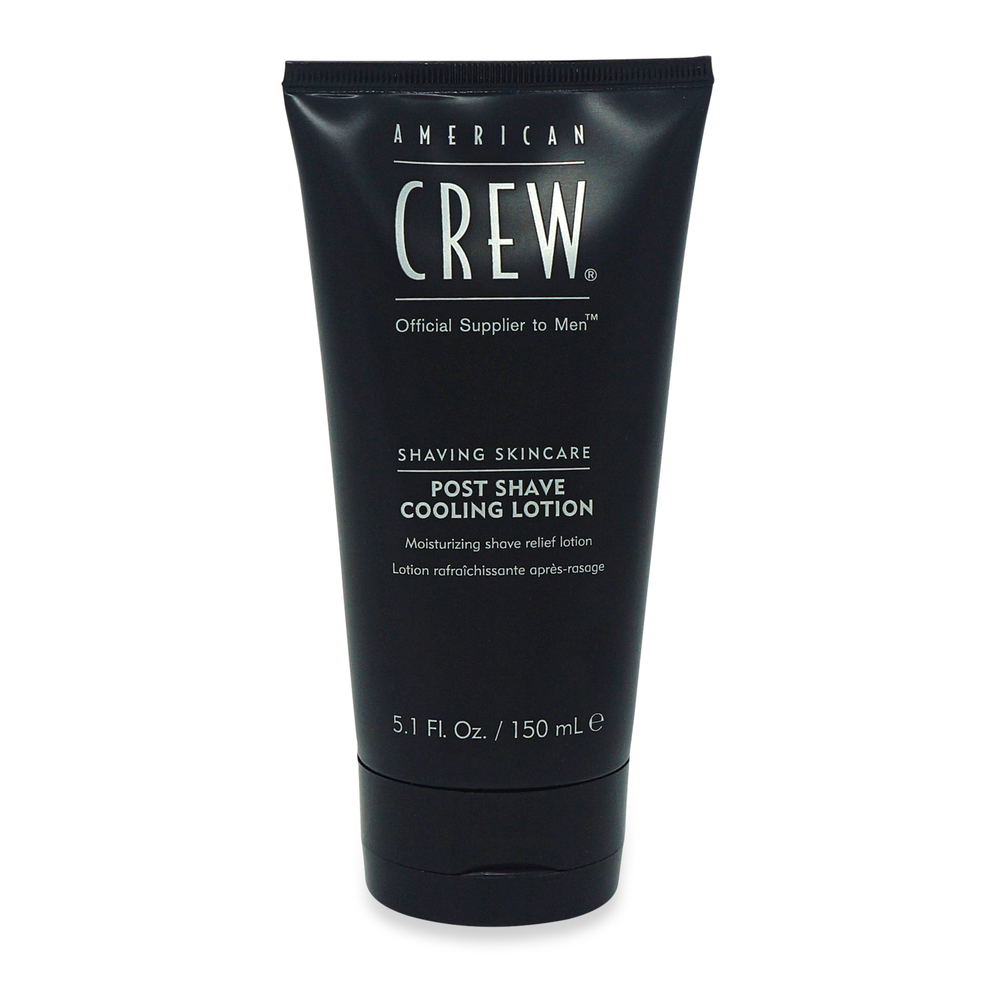 Black tube of American Crew Post-Shave Cooling Lotion, featuring white text and a sleek design, with a capacity of 5.1 fl. oz. (150 ml) for moisturizing after shaving.