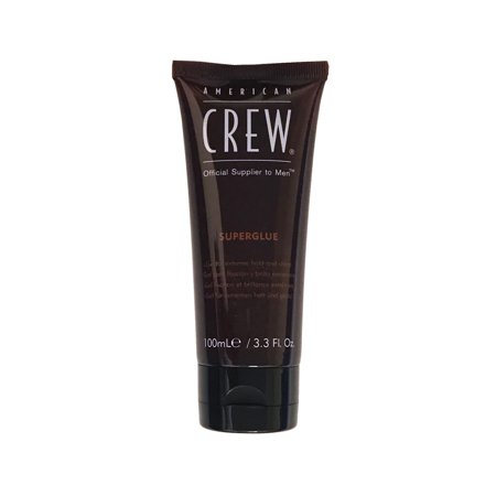 Brown squeeze tube with a black cap, labeled "American Crew Superglue 3.3 Oz," featuring white text and a sleek design, ideal for strong hold styling.