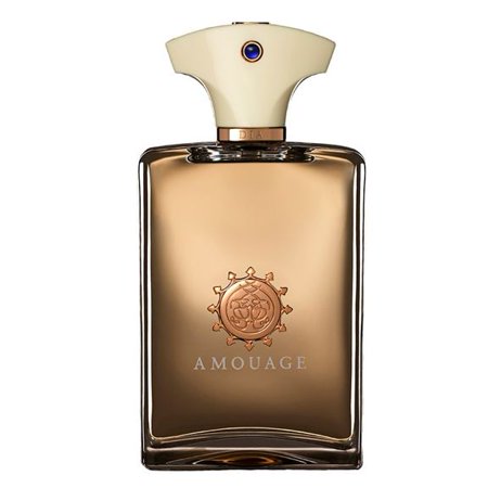 Elegant glass bottle of Amouage Dia EDP for men, featuring a gold and cream cap, embossed logo, and a warm amber liquid inside, 100 ml size.