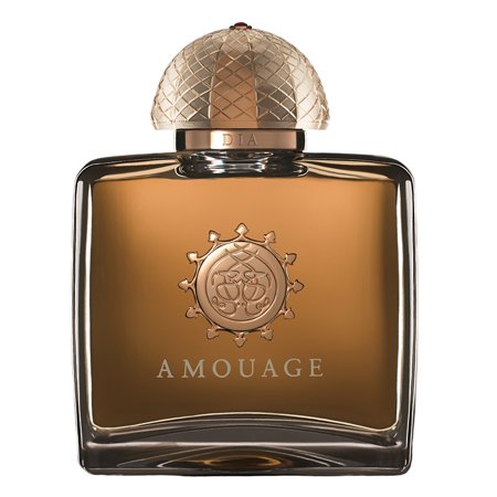 Elegant rectangular glass bottle with a gold and brown gradient, featuring a textured gold cap and embossed logo on the front, containing 3.4 oz of Amouage Dia Eau De Parfum for women.