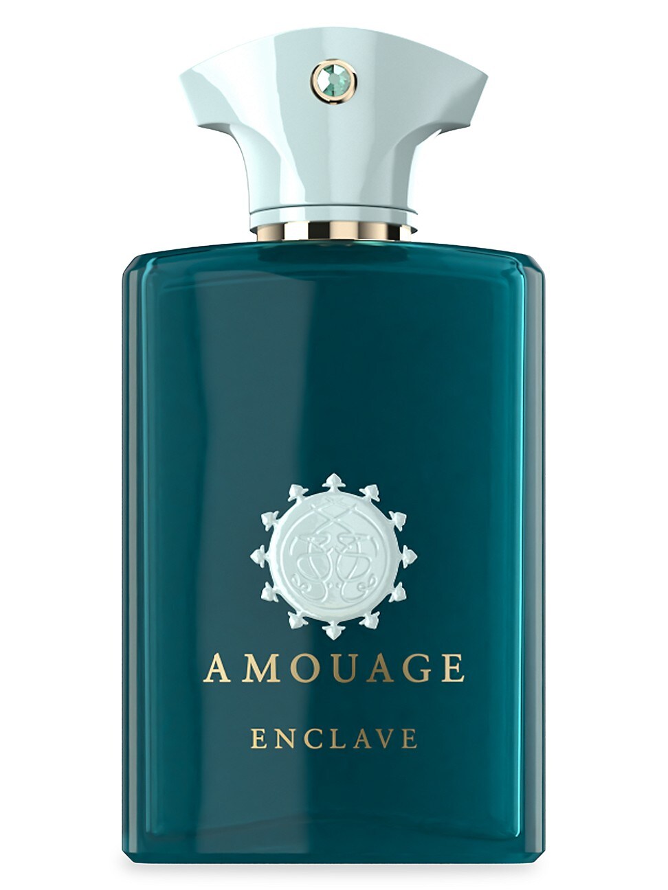 Teal glass bottle with a gold emblem and "AMOUAGE ENCLAVE" in elegant font, topped with a light blue cap featuring a gold accent.