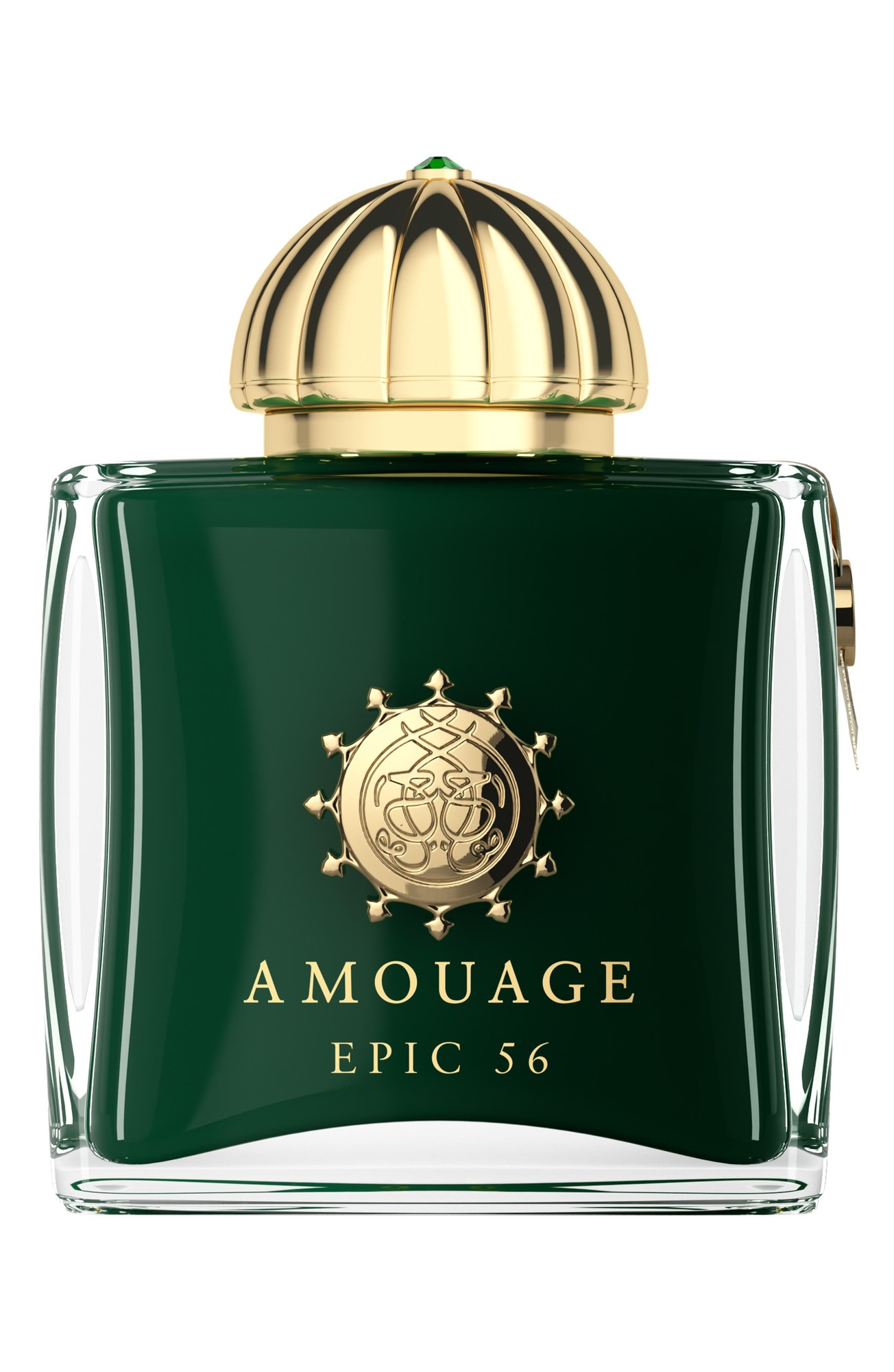 Green glass perfume bottle with a gold cap featuring a decorative dome, embossed gold logo on the front, and labeled "AMOUAGE EPIC 56" in elegant font.