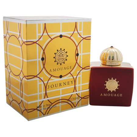 Amouage Journey Eau De Parfum for Women features a deep red bottle with a gold cap, presented in a vibrant yellow and white patterned box.