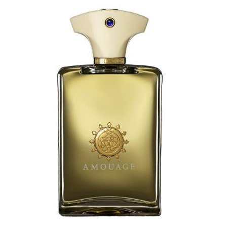 Clear glass bottle of Amouage Jubilation XXV Man Eau De Parfum, featuring a cream-colored cap with a blue gem and a gold emblem on the front, containing 100ml of fragrance.