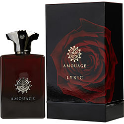 Dark red glass bottle with a silver cap, featuring a decorative emblem, alongside a matching box adorned with a rose design and the text "Amouage Lyric."