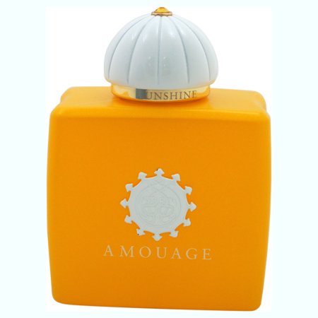 Bright orange square bottle with a white, scalloped cap and gold accent, featuring the Amouage logo and "Sunshine" engraved on the front.