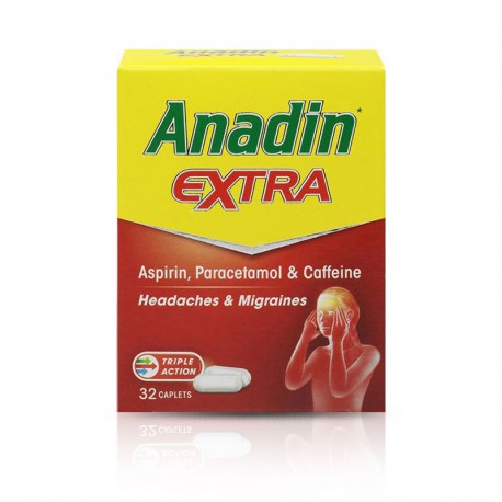Bright yellow box of Anadin Extra Caplets (32), featuring red accents, with text highlighting "Aspirin, Paracetamol & Caffeine" for headaches and migraines.