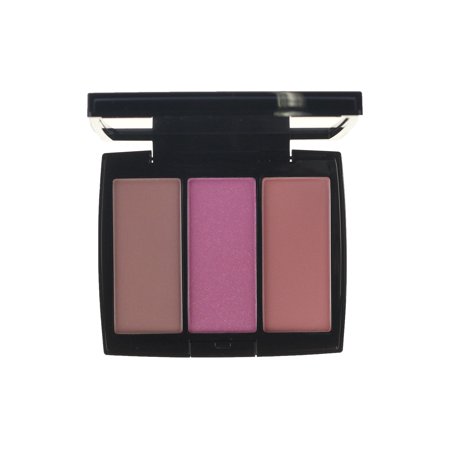 Three blush shades in a sleek black compact, featuring a soft matte mauve, a shimmering pink, and a warm rosy hue, ideal for a vibrant makeup look.