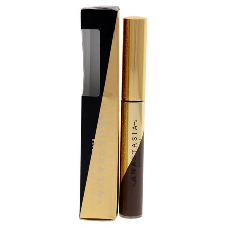 Anastasia Beverly Hills Dipbrow Gel in Soft Brown features a sleek brown tube with a gold cap, housed in a black and gold box, ideal for defining and filling eyebrows.