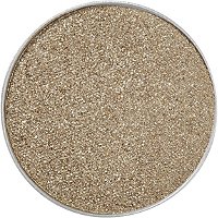 Metallic gold eye shadow in a round pan, featuring fine shimmering particles that create a vibrant, reflective finish.