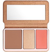Anastasia Beverly Hills Face Palette in a rose gold compact featuring a large mirror, with three shades: a matte bronzer, a shimmering highlighter, and a coral blush.