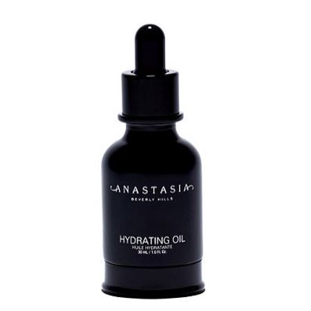 Black glass dropper bottle with a sleek design, labeled "HYDRATING OIL" in white text, featuring a dropper cap, containing 30ml of botanical extract lotion.