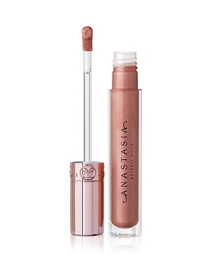 Rose gold lip gloss in a clear tube with a sleek silver cap and a doe-foot applicator, featuring the Anastasia Beverly Hills logo on the side.