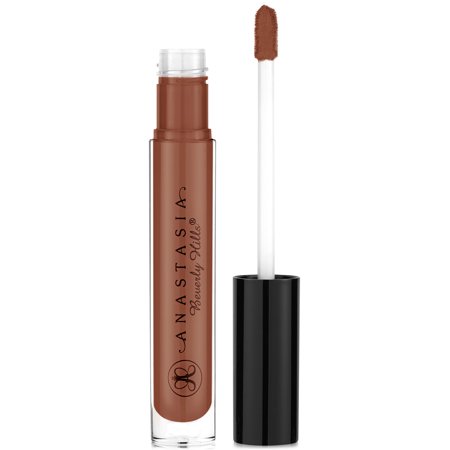 Glossy lip gloss in a clear tube with a black cap, featuring a doe-foot applicator, showcasing a rich sepia brown shade.