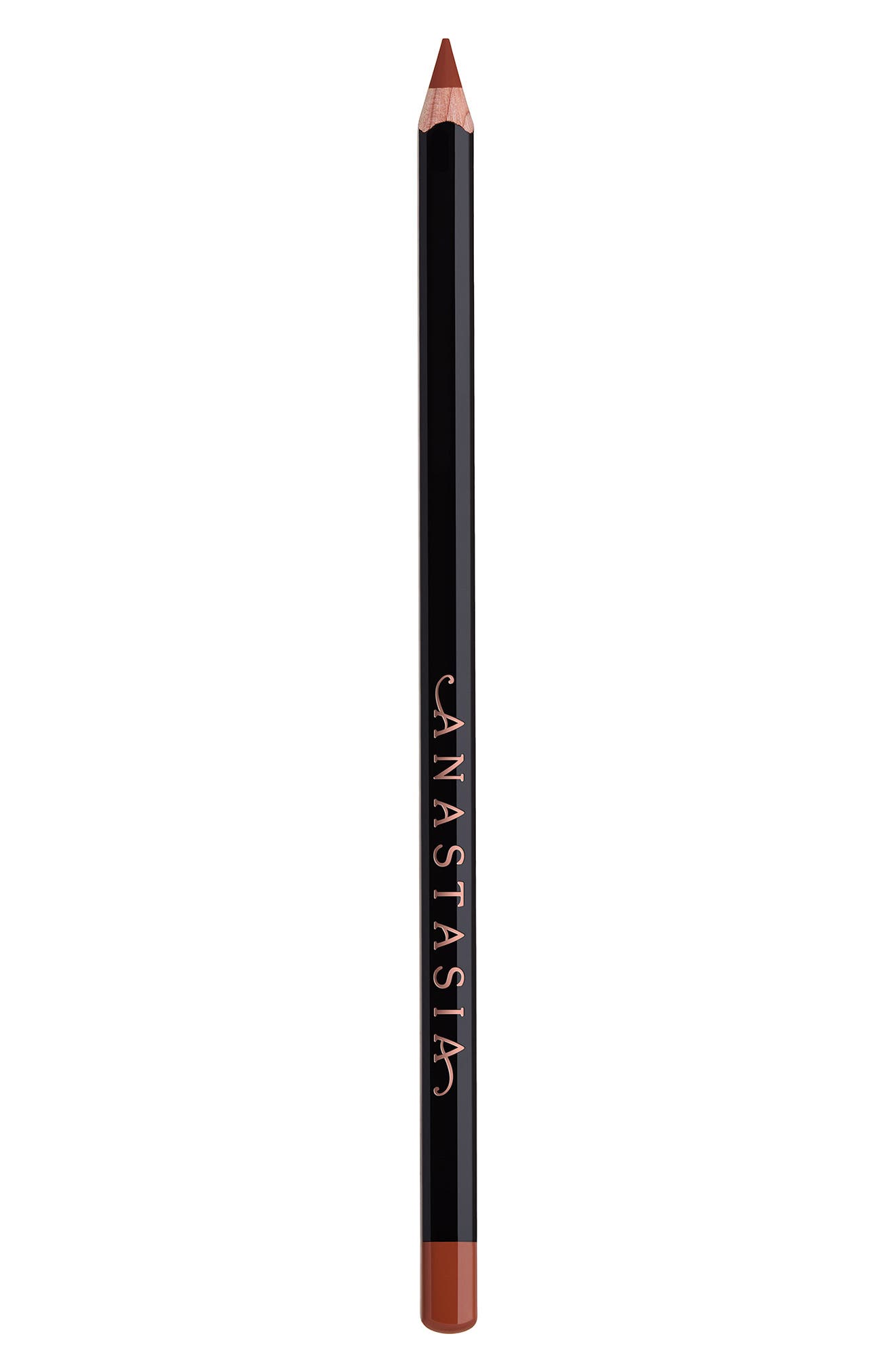 Black lip liner pencil with a sharpened tip, featuring the embossed gold "Anastasia" logo and a warm, nude-brown color at the base.