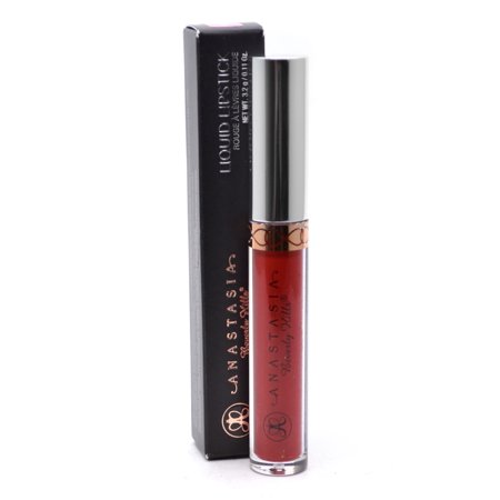 Anastasia Beverly Hills Liquid Lipstick in Sarafine features a sleek, clear tube with a metallic silver cap, showcasing a rich, deep red shade, packaged in a black box with gold accents.