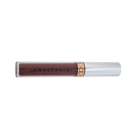 Liquid lipstick in a sleek, clear tube with a silver cap, featuring a rich sepia brown shade and the Anastasia Beverly Hills logo prominently displayed.