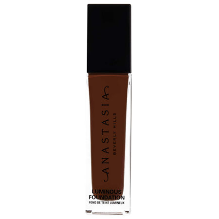 Luminous Foundation in shade 570N by Anastasia Beverly Hills, featuring a sleek glass bottle with a black cap, showcasing a rich, warm brown liquid inside.