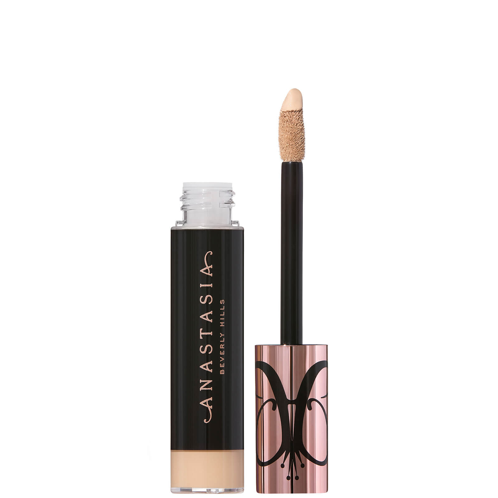 Anastasia Beverly Hills Magic Touch Concealer in shade 10 features a clear tube with a black cap and a gold logo, accompanied by a doe-foot applicator for precise application.