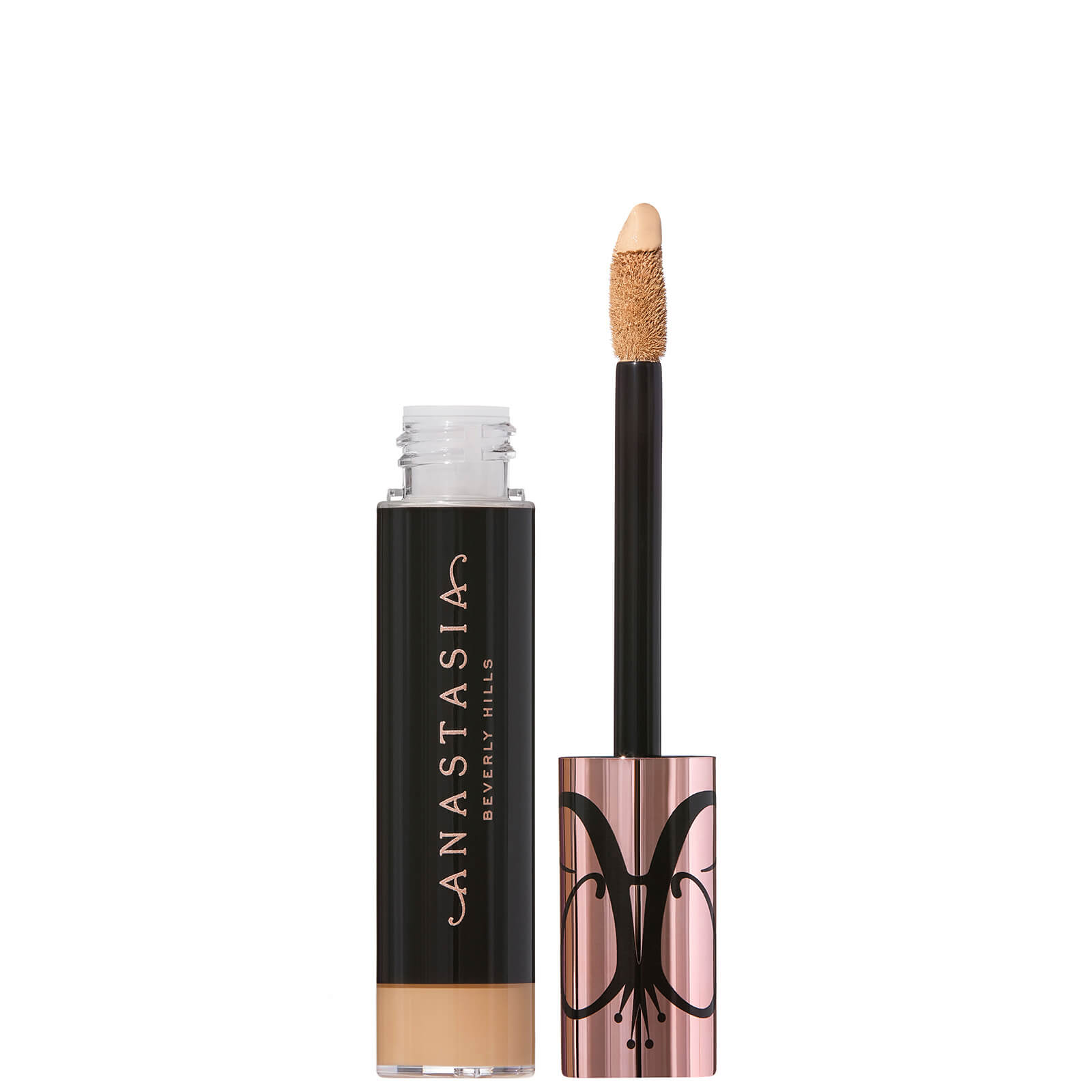 Anastasia Beverly Hills Magic Touch Concealer in shade 14 features a clear tube with a black cap and a rose gold applicator wand, showcasing a creamy beige concealer inside.