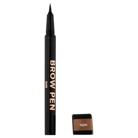 Black brow pen with a fine tip for precise application, labeled "BROW PEN," featuring a dark brown shade and a small cap in a matching color.