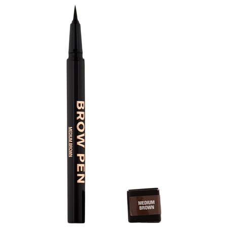 Black brow pen with a fine tip for precise application, labeled "BROW PEN" in gold lettering, alongside a small square of brow powder in medium brown.