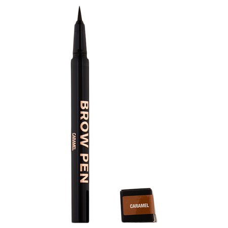 A sleek black brow pen with a fine tip for precise application, labeled "BROW PEN" in bold letters, accompanied by a small caramel-colored brow powder.