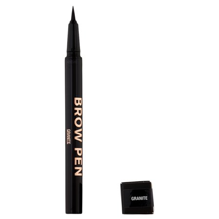 Black brow pen with a fine tip for precise application, labeled "BROW PEN" in gold, alongside a small black cap, featuring the shade name "Granite."