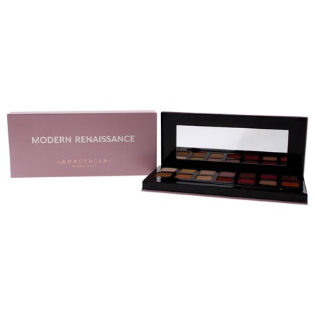 Anastasia Beverly Hills Modern Renaissance Eyeshadow Palette features 14 warm-toned shades in a sleek black case with a mirror, presented in a soft pink outer box.