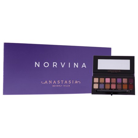 Purple rectangular palette with "NORVINA" and "ANASTASIA BEVERLY HILLS" printed in white, featuring a black interior with 14 vibrant eye shadow shades in various finishes.