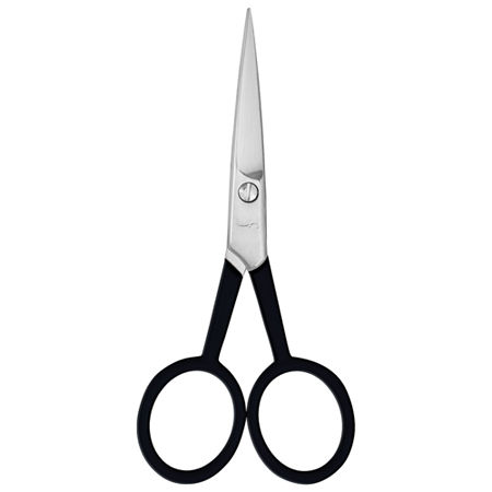 Silver stainless steel scissors with sharp blades and black rubberized handles, designed for precise cutting and styling.
