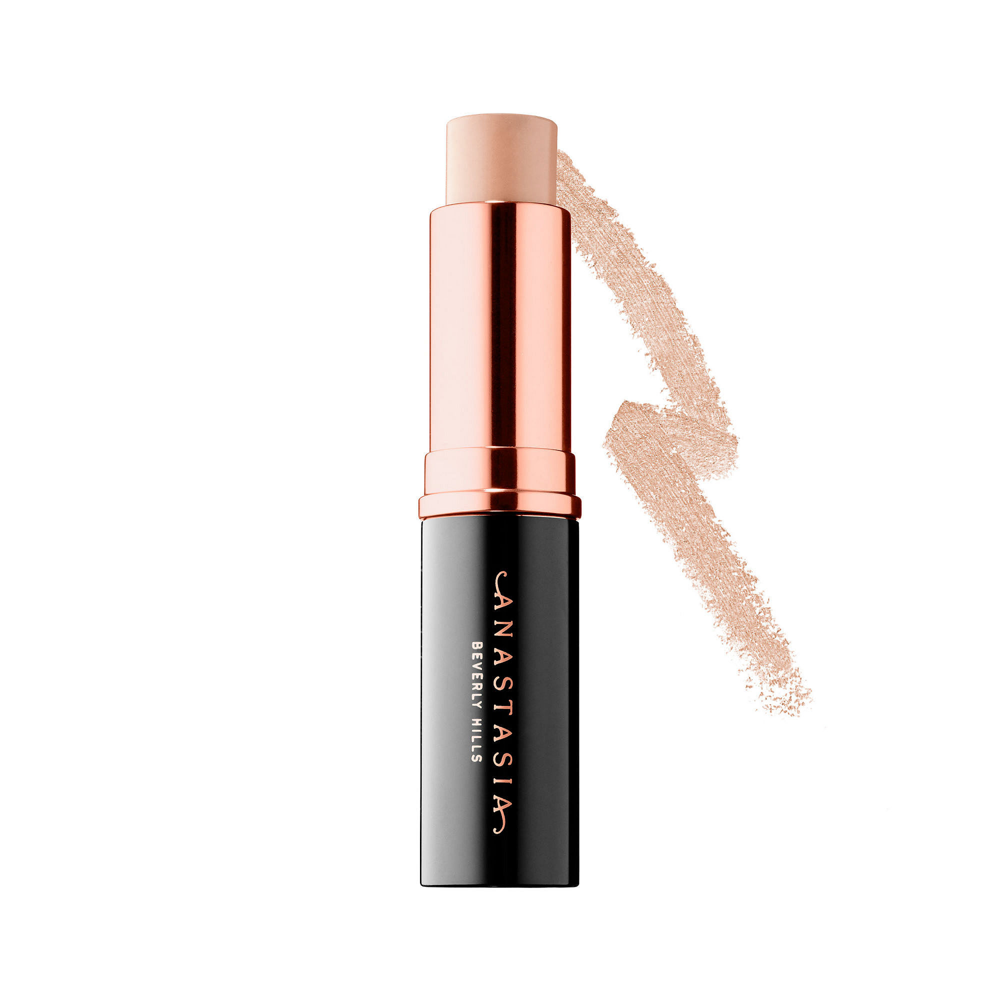 Cool beige stick foundation in a sleek black and rose gold tube, featuring the Anastasia Beverly Hills logo, with a creamy swatch of foundation beside it.