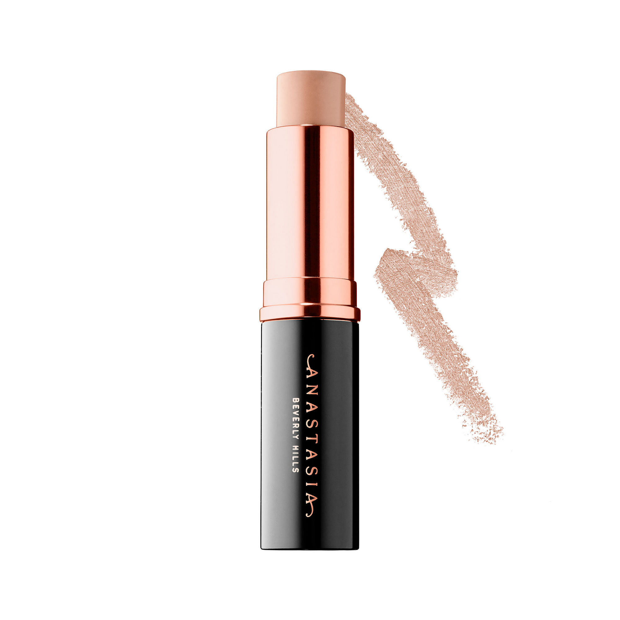 Natural Anastasia Beverly Hills Stick Foundation in a sleek black and rose gold tube, featuring a creamy formula with a swatch of foundation in a light beige shade beside it.