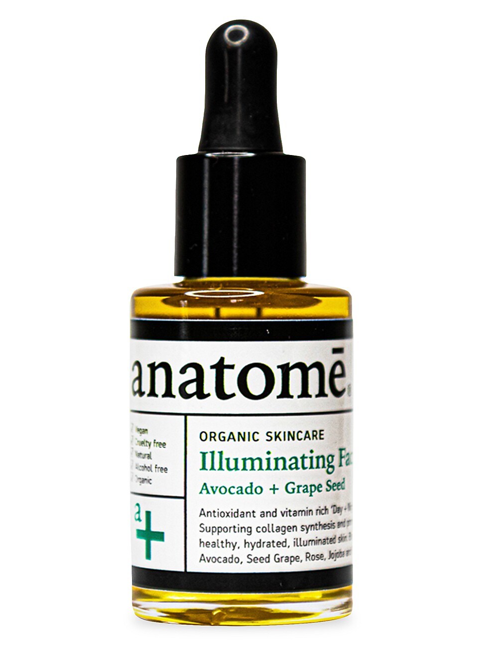 Amber glass bottle with a black dropper lid, labeled "Anatomē Illuminating Face Oil" featuring rose-hip, grape seed, and avocado ingredients, 30ml size.