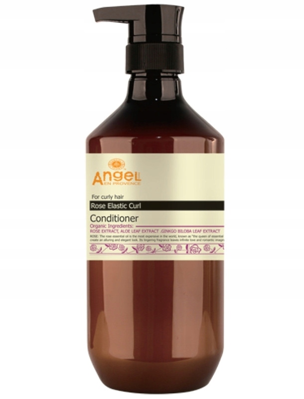 Brown plastic bottle with a black pump dispenser, labeled "Angel En Provence Rose Elastic Curl Conditioner," featuring organic ingredients and floral graphics, 400ml size.