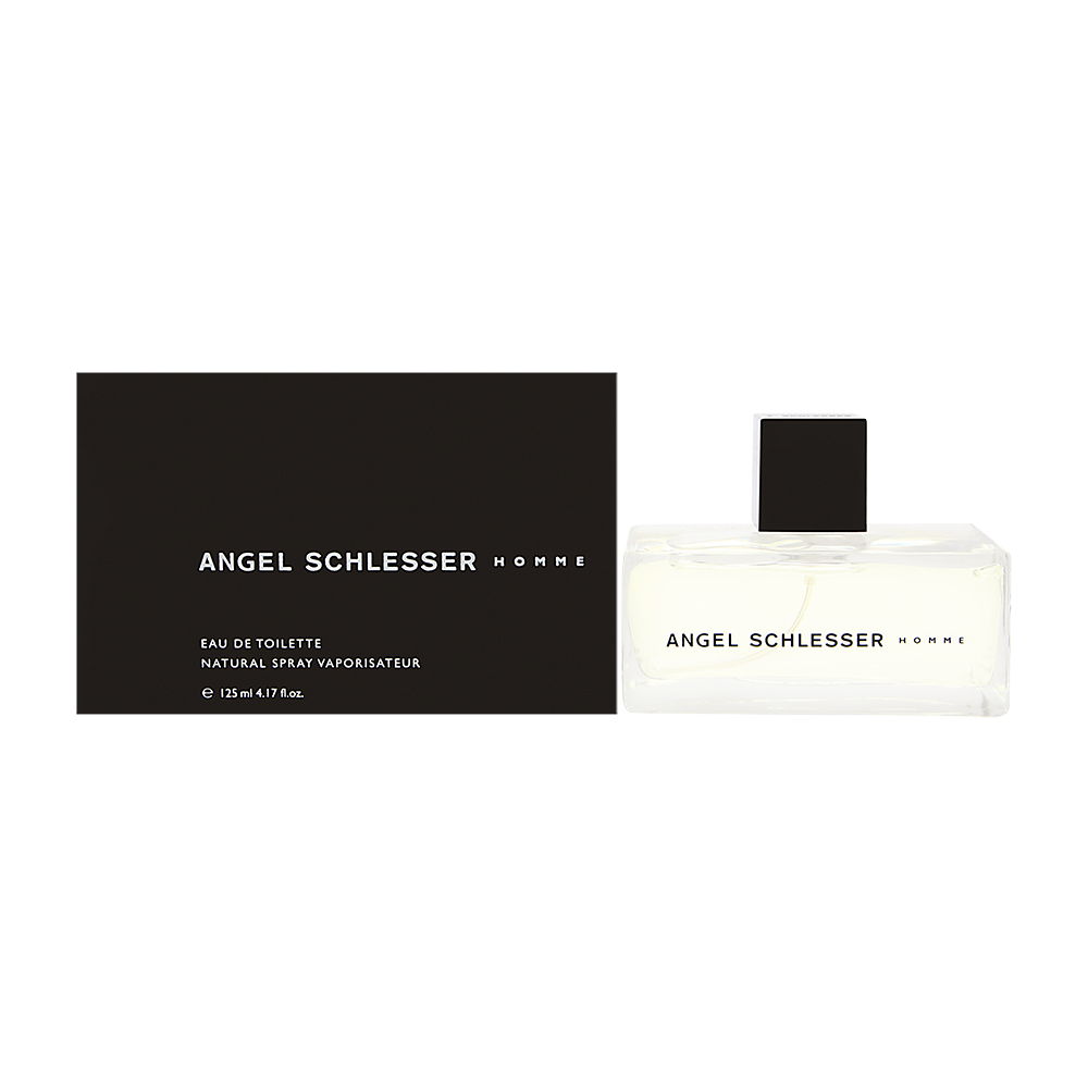 Clear glass bottle with a black square cap, featuring a minimalist design; accompanied by a sleek black box with white text identifying the fragrance as Angel Schlesser Homme EDT.