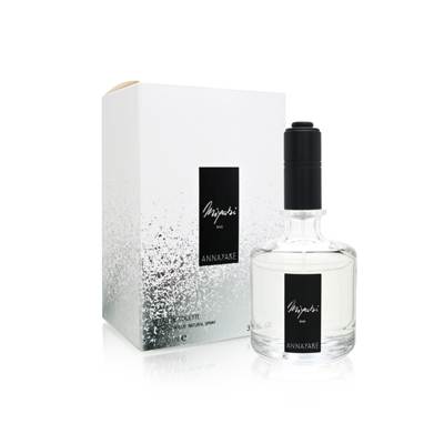 Clear glass bottle with a black cap, featuring a minimalist design, alongside a white and silver box displaying the "Annayake Miyabi Eau De Toilette for Men" label.